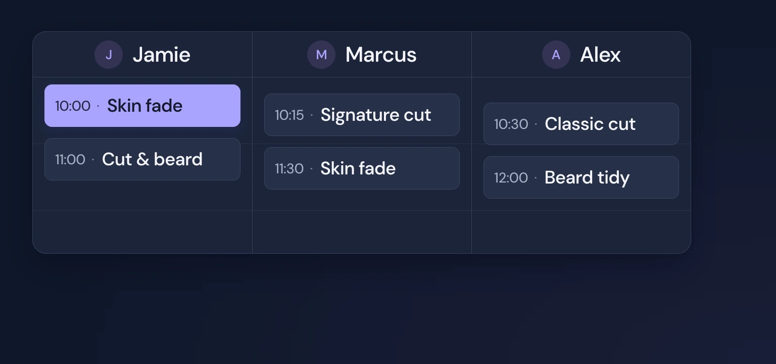 Team schedule showing appointments for Jamie, Marcus and Alex in dark mode