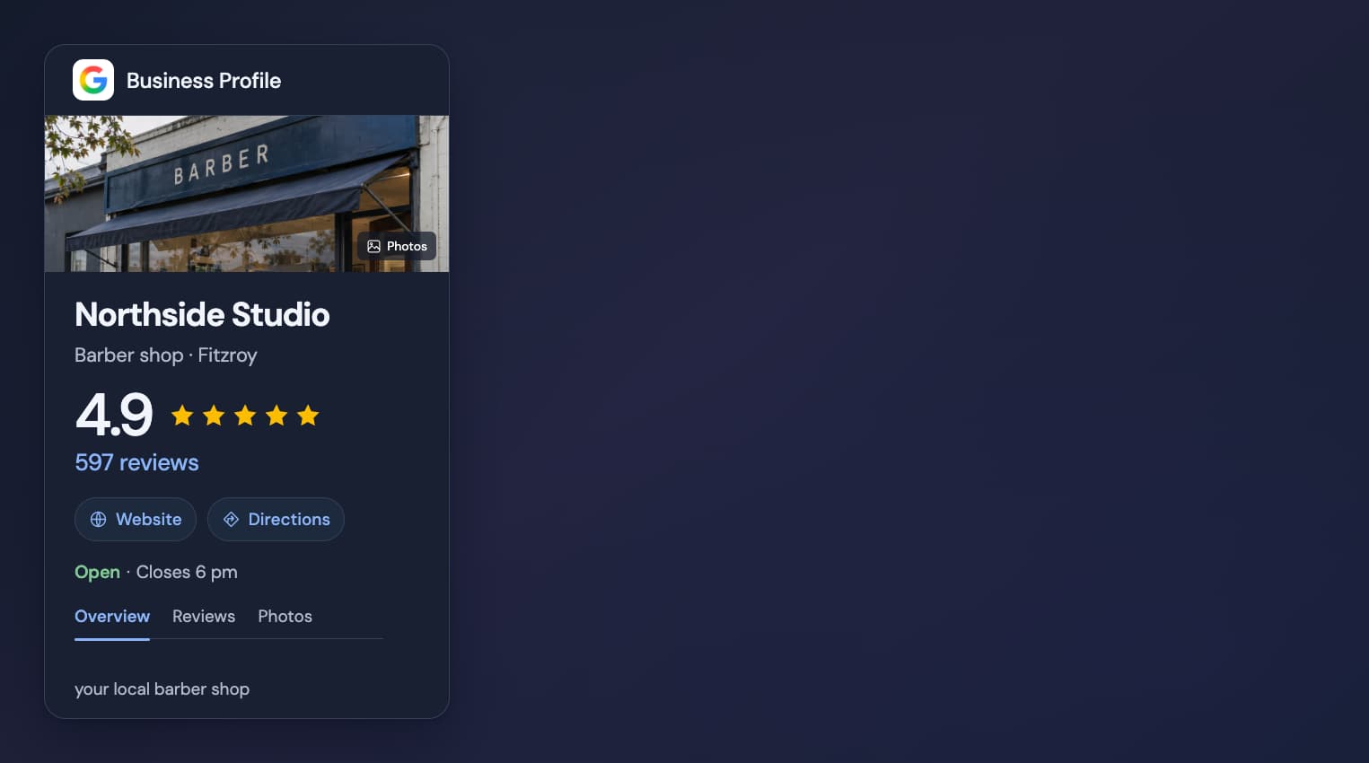 Fictional Northside Studio Google Business Profile in dark mode with illustrative ratings