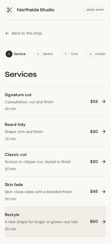CalendarCut client booking page with sample data