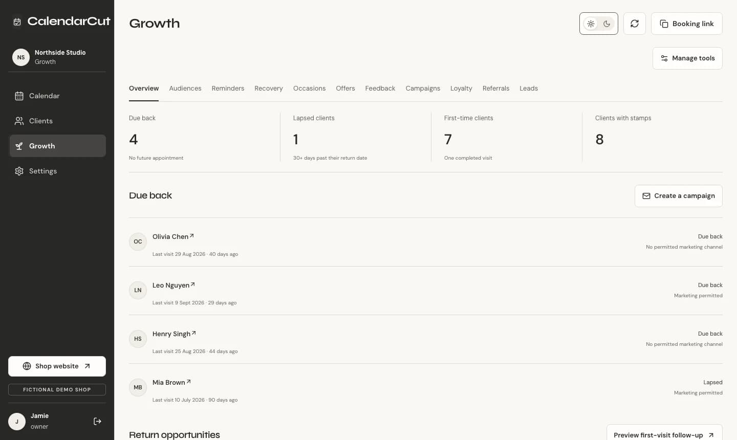 CalendarCut client return workspace with sample data