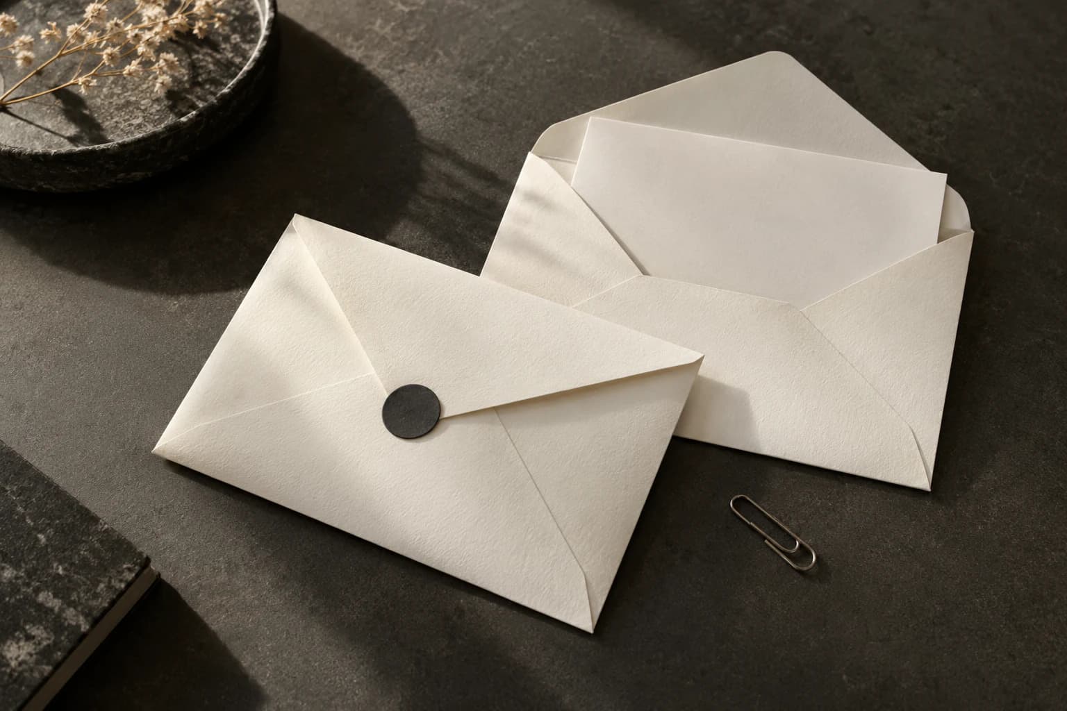 Ivory envelopes and a letter arranged with a steel paperclip on a charcoal surface