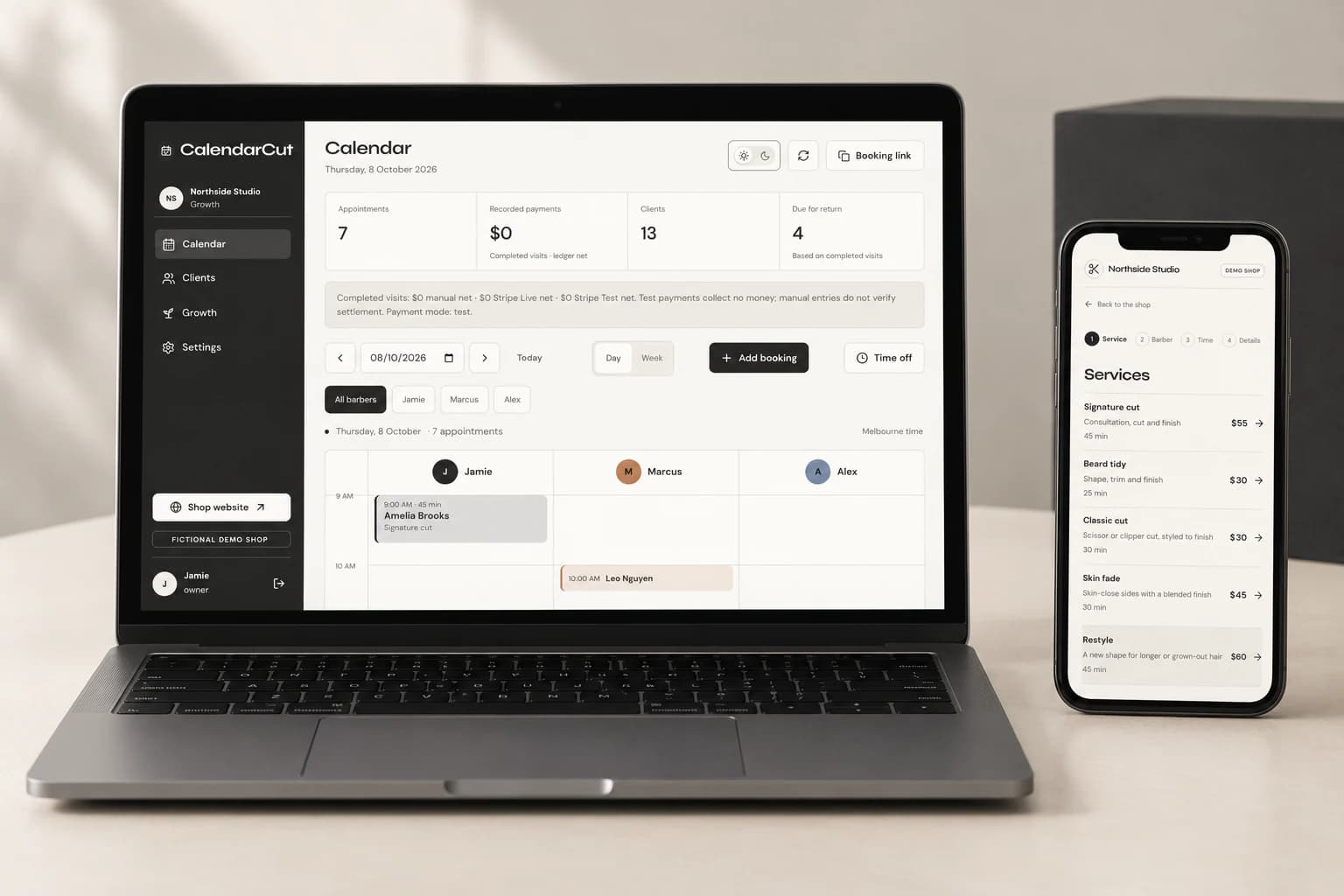 CalendarCut's sample owner diary on a laptop beside its customer booking page on a phone