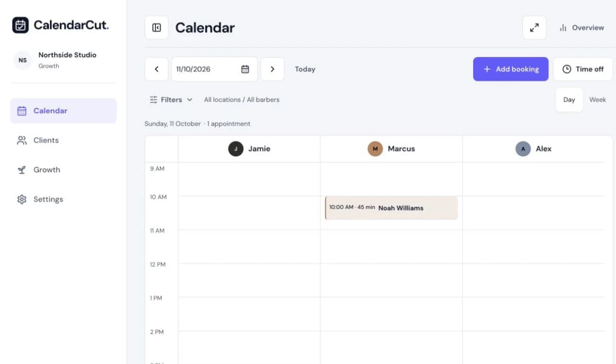 CalendarCut team diary with a sample appointment