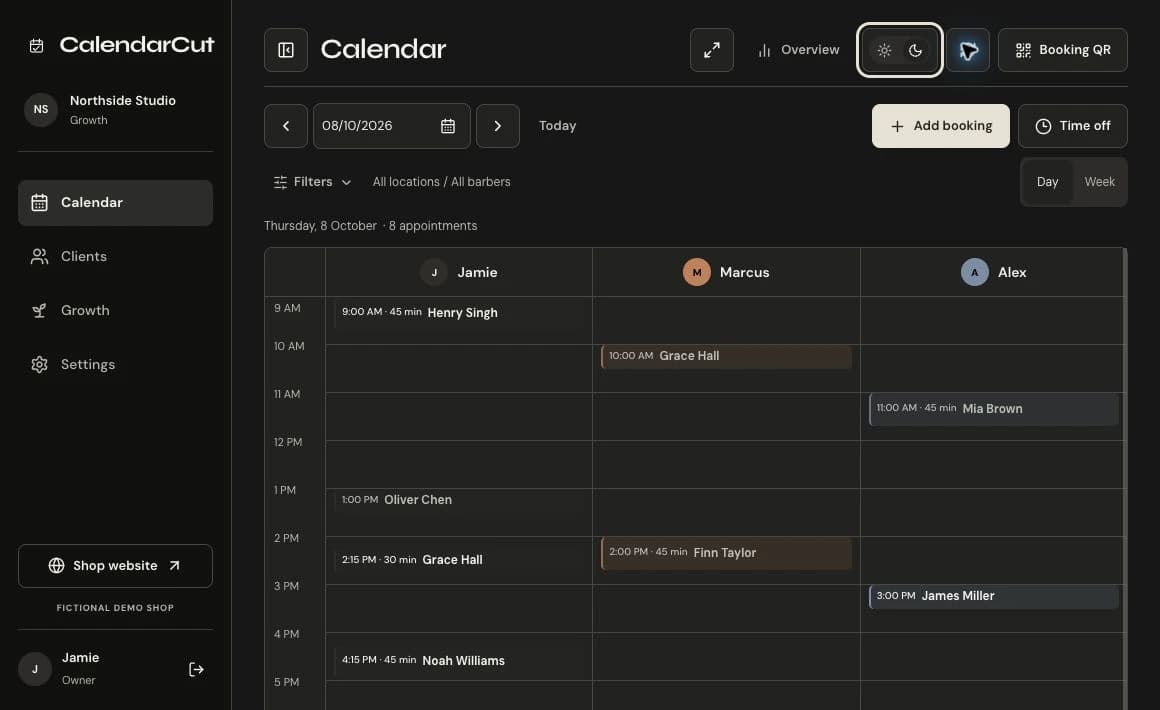 CalendarCut day diary showing sample appointments across the barber team