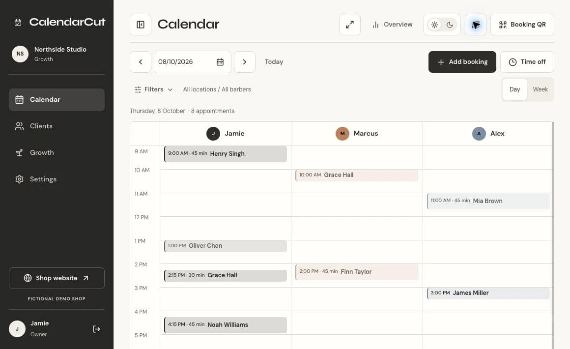 CalendarCut day diary showing sample appointments across the barber team