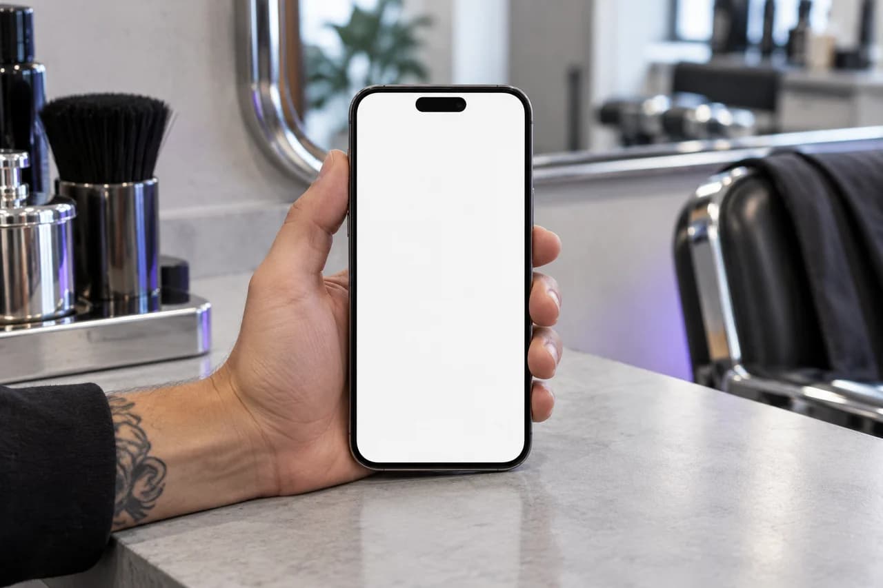 A client holding a phone at a barber station