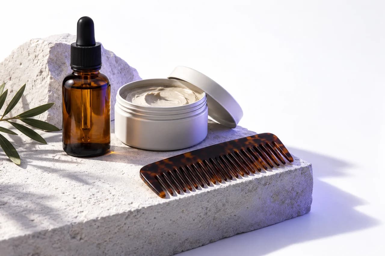 Beard oil, styling clay and a comb on a pale stone display