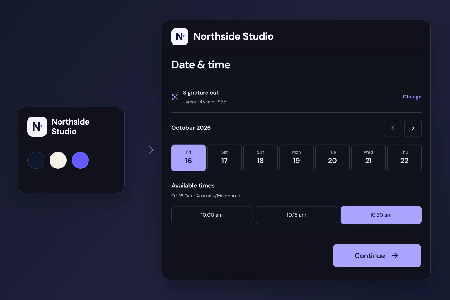 Northside Studio’s logo and colours carried through to its branded booking page in dark mode